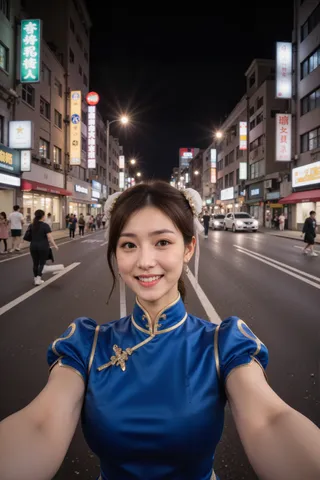 A young woman dressed as Chunli in a blue qipao takes a selfie from a first-person perspective on a vibrant, neon-lit urban street at night, smiling confidently.