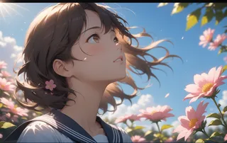 Anime girl with short brown hair and school uniform looking up amidst pink flowers under blue sky with sunlight and cinematic lighting.