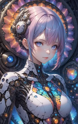 A highly detailed anime girl with pink and blue hair, mechanical modifications, and intricate fractal art patterns in vibrant colors.