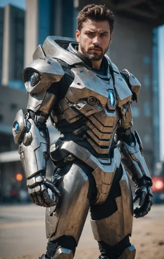 A man with brown hair and a beard wearing high tech realistic sci-fi mecha armor with blue lights, standing outdoors with a blurry urban background.
