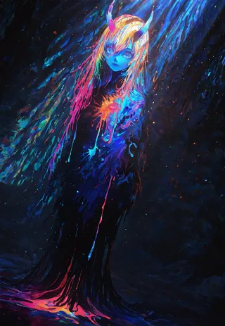 A surreal depiction of an Aka-Oni figure with blue skin, glowing blue horns, and blonde hair, rendered in a melting, dripping paint style with vibrant neon colors and volumetric lighting against a dark, abstract background.