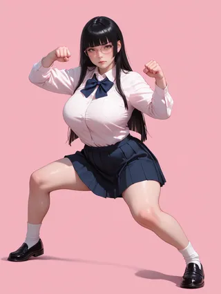 A semi-realistic digital painting of a young woman with long black hair and glasses, wearing a school uniform with a pleated skirt, in a dynamic kung-fu fighting stance against a pink background.