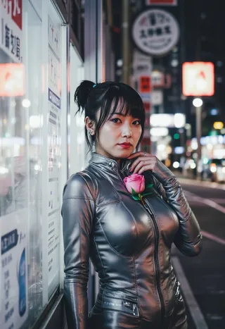 Portrait of a Japanese woman wearing a metallic silver catsuit holding a pink cyberpunk rose, standing on a neon-lit urban street at night.
