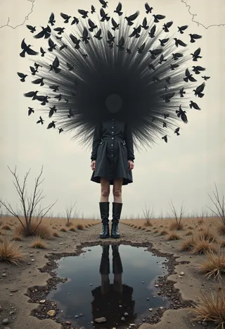 A surreal portrait showing a young woman standing in a barren field with her hair unraveling into a swarm of blackbirds spiraling into a cracked sky, her shadow melting into an ink pool reflecting a distorted, eyeless face.