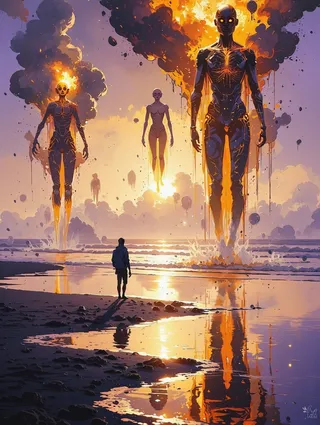 Surreal dreamscape depicting glowing golden humanoid figures levitating above a black sand beach at twilight with reflective water and a mystical sky.
