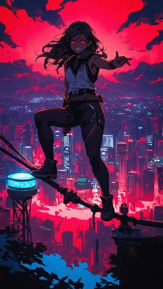 A daring young woman with long hair and a playful smirk balances on a high-voltage power line above a neon-lit Los Angeles cityscape at night with dramatic red and blue lighting.