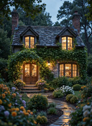 Rustic stone cottage covered in green ivy with warm glowing windows, a wet stone pathway, and a lush flower garden at twilight.