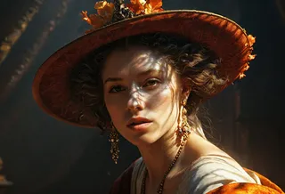 Un retrato renderizado digitalmente de Danae con efectos intrincados de luz y sombra, que lleva un sombrero decorativo de ala ancha y pendientes elegantes.