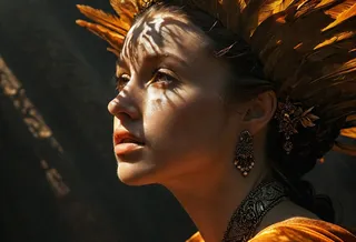 Digital portrait of a woman inspired by Rembrandt's Danae, featuring golden light casting shadows on her face, an ornate headdress, and intricate earrings.