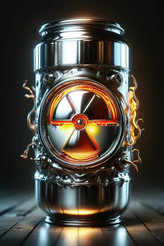 Glowing radioactive symbol embedded in a polished steel metallic surface with fiery orange highlights and glowing effects