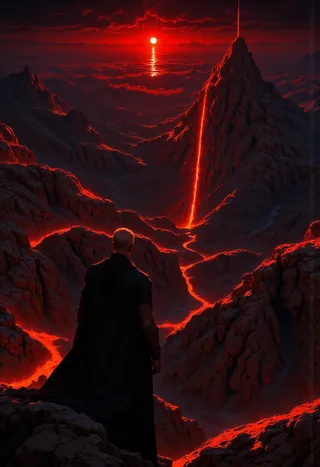A dramatic volcanic landscape at sunset featuring glowing red lava flowing down rocky mountains under a red sky with a silhouetted figure overlooking the scene.