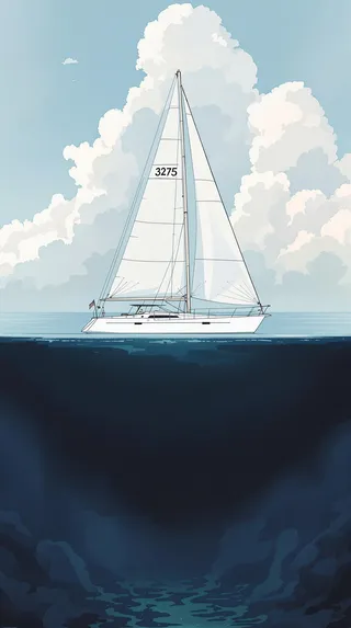 Vue de profil d'un voilier blanc minimaliste avec le numéro 3275 sur ses voiles, flottant sur une eau calme sous des nuages cumulus. Sous la ligne de flottaison, la mer bleu foncé avec une coque détaillée, une quille et un fond marin ombragé présentant de légères algues et des crevasses sablonneuses.