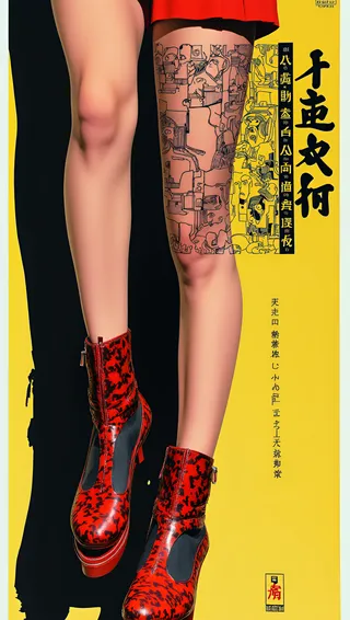 Close-up of a woman's legs against a yellow background, one leg bare and the other covered with artistic tattoo stockings featuring abstract and Doberman dog designs, wearing red patterned boots.