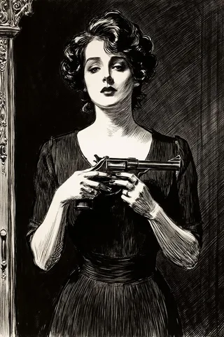 Black and white vintage style illustration of a mysterious woman with dark wavy hair holding a revolver in a dimly lit room, inspired by Charles DGibson.