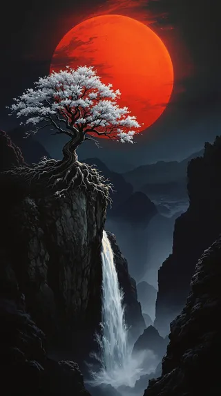 A cinematic landscape with a large red sun in a dark sky, a gnarled tree with white foliage on a rocky cliff, and a waterfall cascading into a misty abyss.