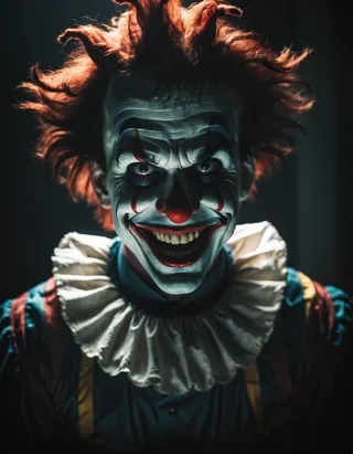 Dark horror photo of a clown with red hair and white face paint, smiling wickedly under atmospheric 35mm cinematic lighting with bokeh effect.