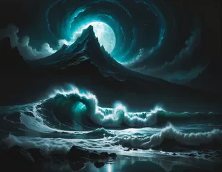Dark impressionist painting depicting Atlantis being overwhelmed by large tsunami waves under a swirling stormy sky and glowing moonlight.