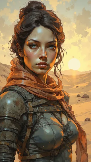 Anime-style illustration of a young woman with piercing blue eyes wearing a futuristic desert survival suit and a wind-swept scarf, set against a golden sunset desert landscape.