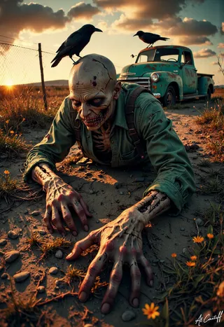 Grotesquely disfigured undead creature crawling on a dirt path at sunset, with two black crows perched on it and a rusty turquoise 1950s pickup truck in the background.