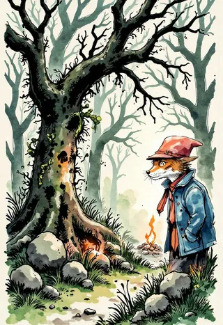 A whimsical fox wearing a red hat and blue jacket stands in a dense forest near a large, gnarled tree with a small campfire burning nearby.