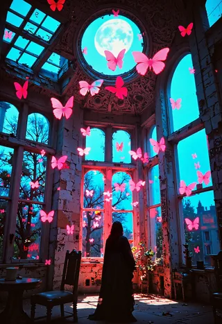 A crumbling conservatory illuminated by blue moonlight, filled with glowing pink butterflies flying around a silhouetted woman standing in the center.