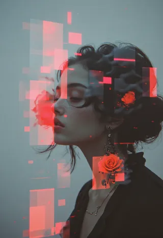 Portrait of a young woman with closed eyes, featuring translucent digital glitch effects and vivid red roses blending into soft, moody lighting and a dreamlike, ethereal gothic atmosphere.