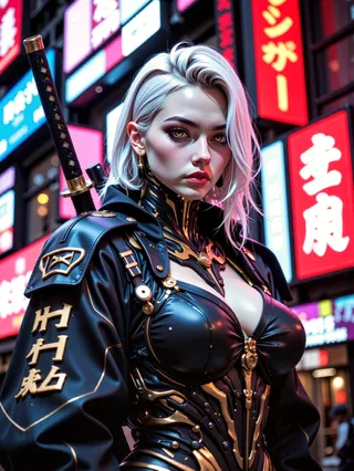 Portrait of a stunning woman with white hair in a detailed black and gold mech exosuit, holding a sheathed katana on her back, set against a vibrant neon cityscape.