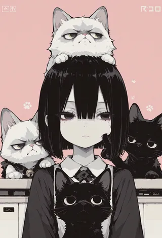 Expressionless girl with black bob cut hair and pale skin surrounded by grumpy black and white cats, with one white grumpy cat on her head, set against a pink dithering background.