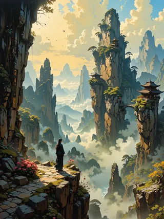 Romanticism-style painting of Zhangjiajie floating sandstone pillars rising through mist with traditional Chinese temples on cliffs and a lone woman in robes gazing across a winding mountain path under golden morning light.