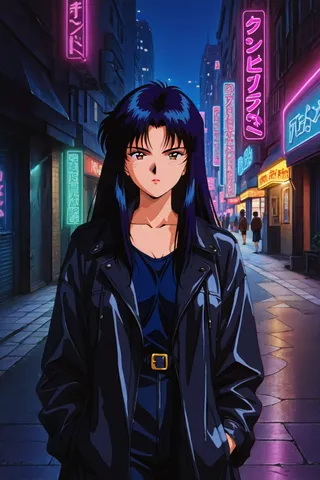 90s anime style female character with long dark hair wearing a leather jacket standing alone on a neon-lit urban street at night.