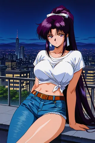 A 90s anime style woman with long purple hair tied in a ponytail with a white ribbon, wearing an asymmetrical tied white shirt and jeans, sitting on a city rooftop at night with a lit cityscape behind her.