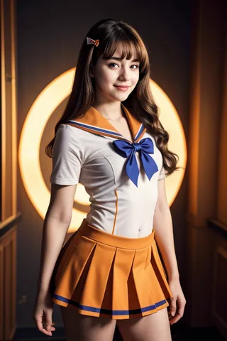 Young woman wearing an orange pleated skirt and sailor collar school uniform with a blue bowtie, standing in front of a circular light background.