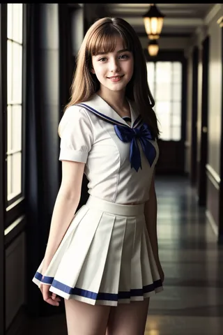 A young woman wearing a white school uniform with a blue bowtie, sailor collar, and pleated skirt stands in a corridor with soft cinematic lighting, smiling warmly.