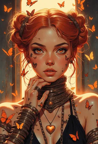 Realistic digital portrait of a young woman with copper hair styled in high buns adorned with butterflies, amber eyes, brass chains on arms, and a glowing heart-shaped necklace, illuminated by warm golden light.