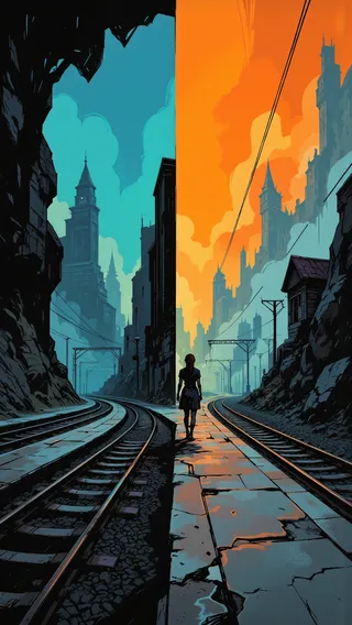 Minimalist illustration showing a solitary woman walking on a train platform flanked by endless tracks with a split cyan and orange sky and bold angular strokes.