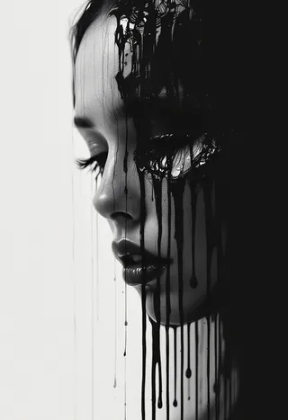 A surreal black and white portrait of a woman’s face with dripping black paint covering her eyes and running down her cheeks, creating an emotive and haunting expression.