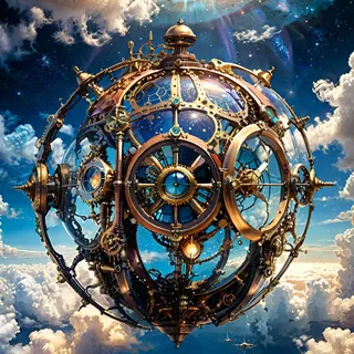 A highly detailed and hyper realistic steampunk orb floating in space with intricate gears and a glowing magical power core surrounded by clouds and stars.
