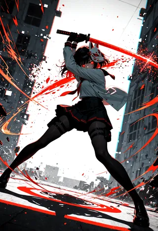 A girl in a school uniform wearing a fox mask and mechanical eye stands in an action pose wielding a glowing red sword, surrounded by red fire and glitch effects.