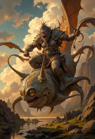 A highly detailed fantasy warrior with an ape-like face riding a large snail-like monster with wings, set against a dramatic cloudy sky and rocky landscape in warm light.