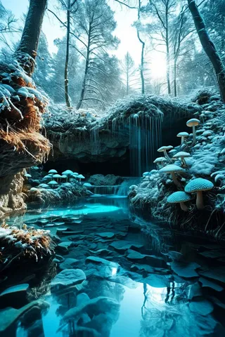 A serene winter landscape featuring a hidden grotto with turquoise water surrounded by snow-covered glowing mushrooms, icy rocks, and cascading vines under crisp, cool blue light.