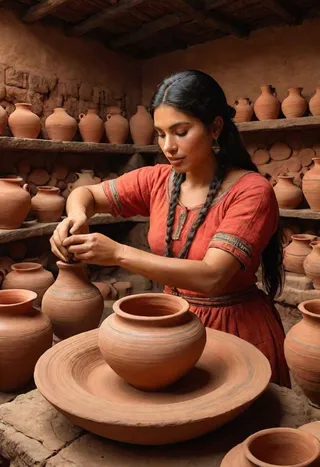 Woman shaping a clay pot on a pottery wheel surrounded by traditional clay pots in a rustic workshop in Colombia