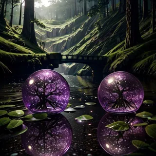 Photorealistic nature landscape with two purple galaxy glass bottles on water surrounded by forest and greenery