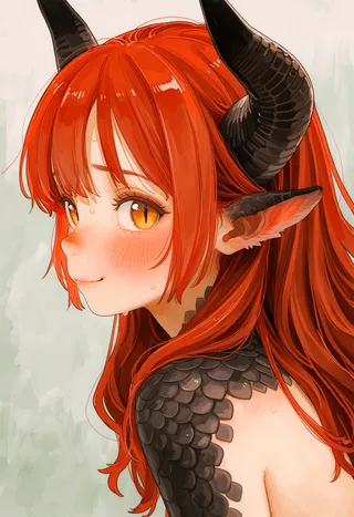 Profile portrait of a shy dragon girl with red hair, black scales on her shoulder, large horns, and slit pupils, showing a nervous smile and blush.
