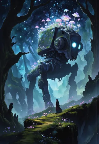 A colossal translucent Scout Walker with glowing blue eyes stands in a mystical forest illuminated by bioluminescent mushrooms and a cosmic starry sky, with a lone figure nearby.