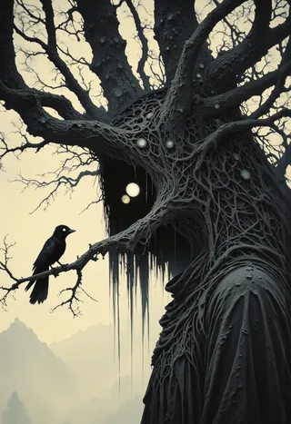 A surreal monochrome image of a humanoid tree figure with skeletal branches and glowing eyes, perched by a crow on a barren branch in a dark fairytale forest.