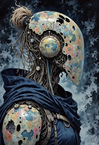 An intricate cyborg portrait with a floral-patterned mechanical helmet and a blue cloak, inspired by Studio Ghibli dark fairytale aesthetics.
