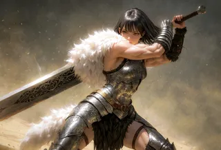 A muscular female warrior in ornate metal armor with black hair, wearing fur clothes, holding a large two-handed sword in a dynamic battle-ready pose.