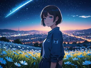 Anime girl with short hair standing in a flower field under a night sky illuminated by a galaxy and lens flare, with a distant city and blue light behind her.