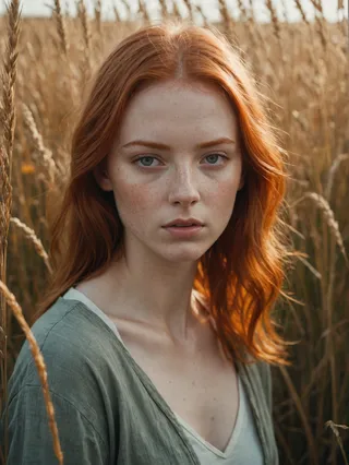 Close-up photo of a redheaded girl with freckles and blue eyes standing among tall grasses, illuminated by intense sunlight with a brooding mood and analog film grain effect.