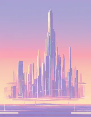 Horizonte de ciencia ficción minimalista con colores planos que presenta edificios futuristas gigantes iluminados por luces de neón coloridas bajo un cielo pastel al atardecer.